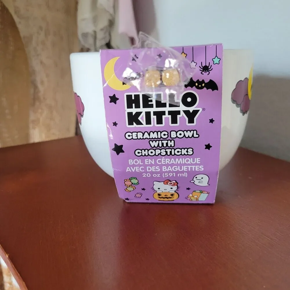Hello Kitty Fall Halloween Ramen Bowl Pair Chopstick Witch Bats Black Cat Broom